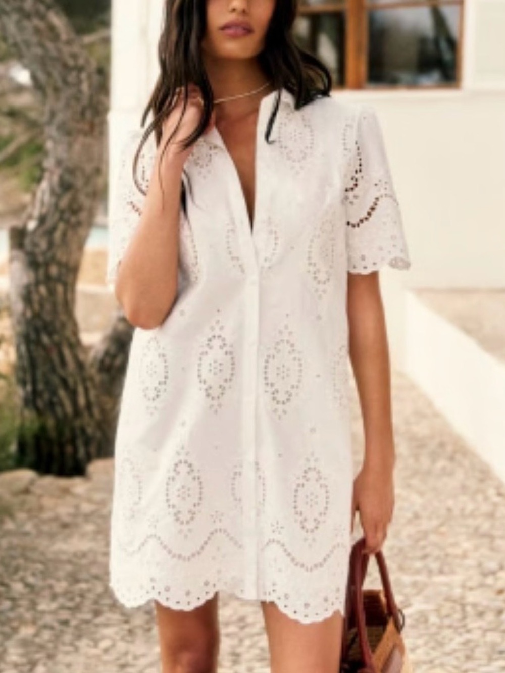 Sezane Elvina Embroidered Button Up Dress FR 36 US 4 Ivory Short Sleeved Lined